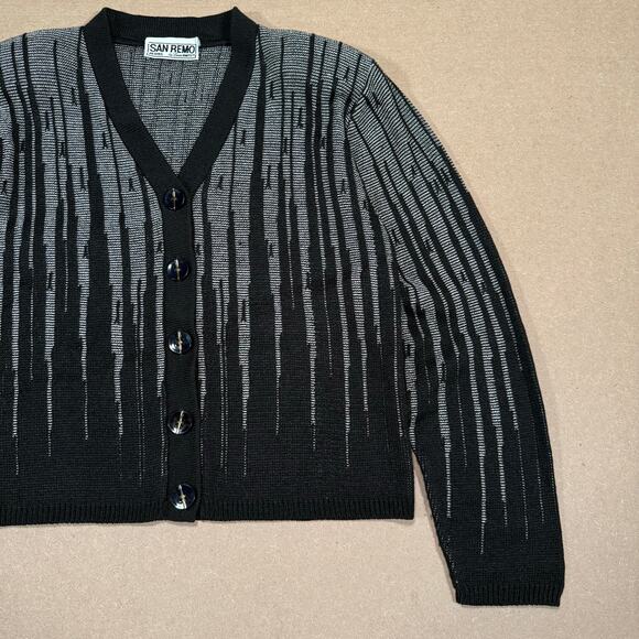 Vintage Black White Abstract Striped Button Cardigan 90s San Remo Petites S - Picture 3 of 8